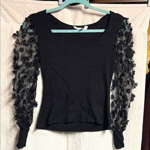 Black Top with Sheer Floral Sleeves